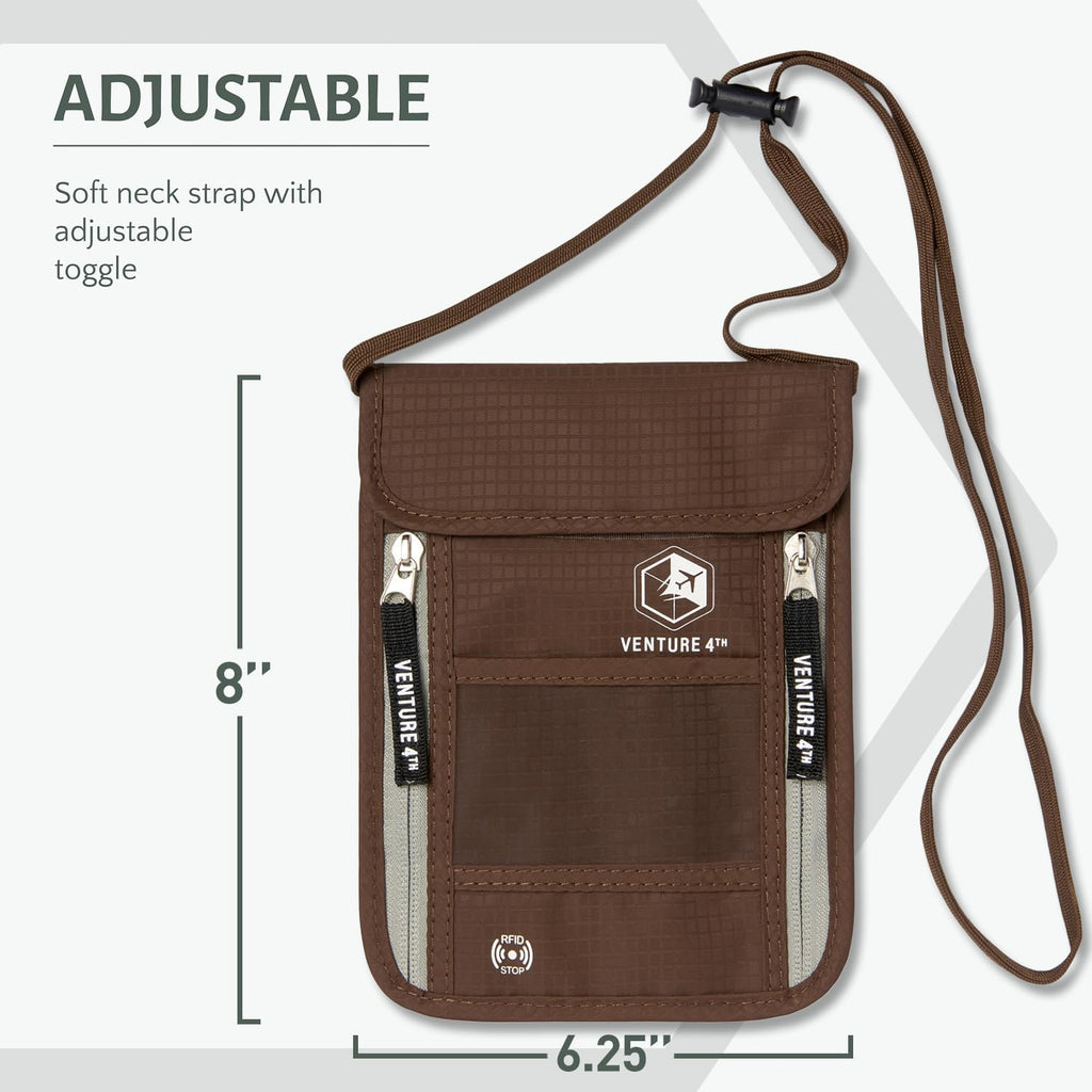 VENTURE 4TH Passport Holder Neck Wallet with RFID Blocking Nylon Lining - Hidden Neck Pouch for Travel (Brown)