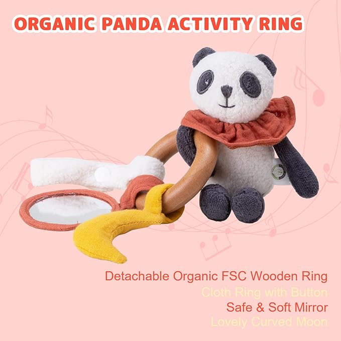 Organic Cotton Stuffed Animal Rattle Baby Toys, Organic Panda Cuddle Cloth & Organic Panda Activity Ring Plush Toy Set for Newborns Infant Boys Girls, 2 PCS