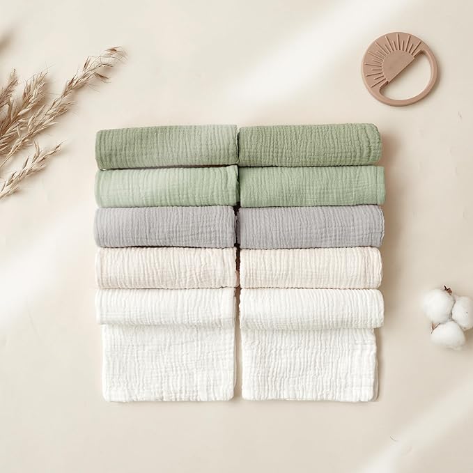 Konssy 10-Pack Muslin Baby Washcloths,100% Cotton Baby Wash Cloths for Newborn Kids Girls & Boys, Soft & Absorbent Washcloths