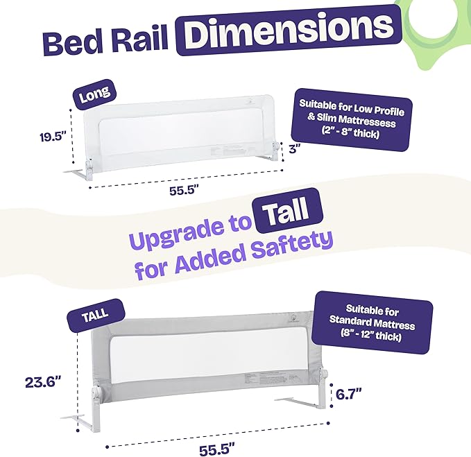 ComfyBumpy 2-Pack Bed Rail for Toddlers 55.5" L x 19.5" H | Toddler Bed Rails for Twin, Full, Queen & King Mattress Size | Swing Down Rail Guard | Mattress Side Rail for Kids | White