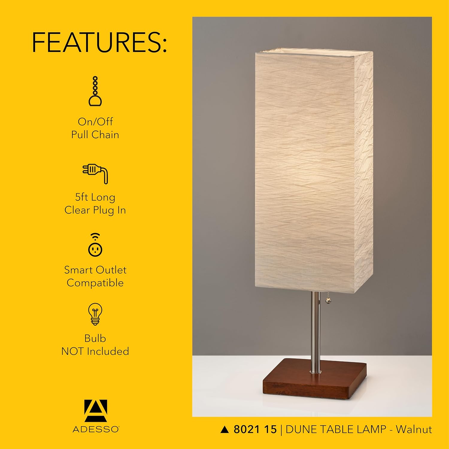 Adesso 26” Table Lamp with Walnut Wood Base, Brushed Steel Finish & Crinkle Paper Shade – Perfect Lighting for Bedroom, Living Room and Corner Decor, Beige