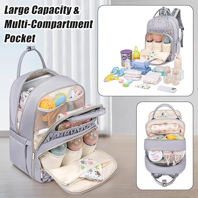 Diaper Bag Backpack,Stylish Baby Diaper Bag,Waterproof Travel Diaper Backpacks Baby Bags with Changing Pad,Stroller Straps,Insulated Pockets (Gray)