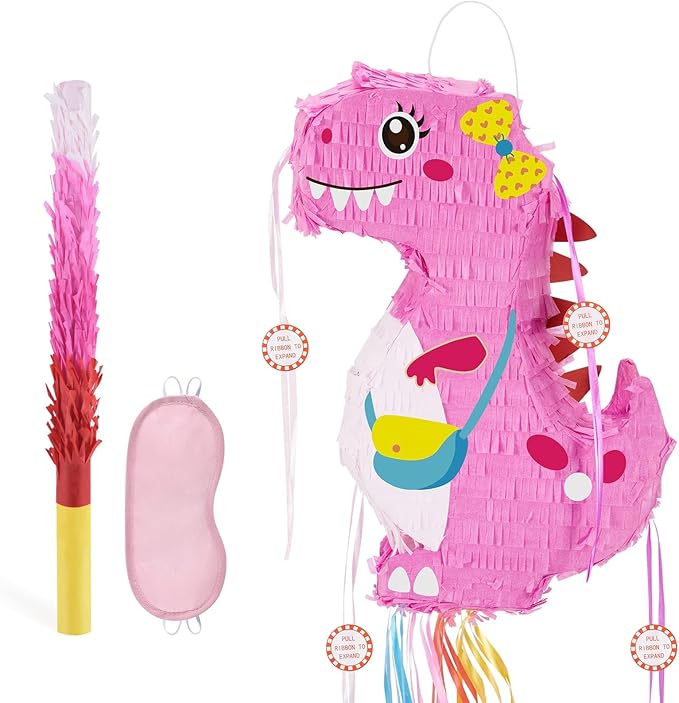 WERNNSAI Foldable Dinosaur Piñata - Pull String Dinosaur Birthday Party Supplies Extendable Piñata with Blindfold Bat and Tassels Dinosaur Birthday Decoration Pink Dinosaur Piñatas for Classroom Game