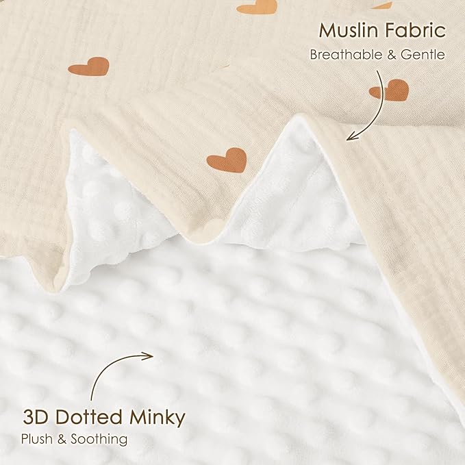 Heart Baby Blankets for Girls, Soft Nursery Minky Blankets with Muslin and Dotted Fleece Back 30x40 inches, Receiving Bed Quilt for Newborn, Infants, Toddlers