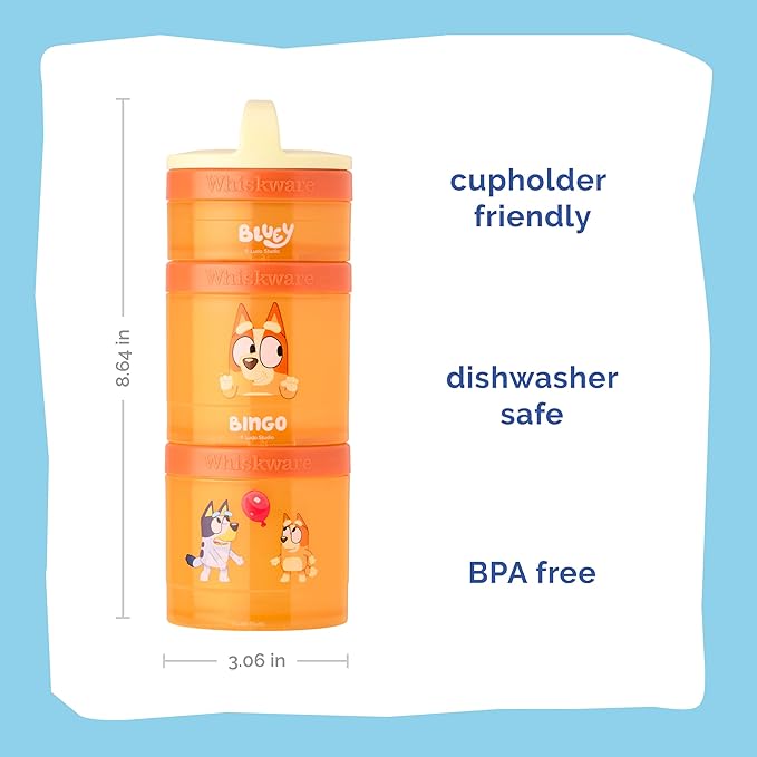 Whiskware Bluey Stackable Snack Containers for Babies, Toddlers, and Kids, Durable Food Storage Containers for Daycare, Car, and Airplane Travel, Formula Friendly, Bluey and Bingo (Pack of 2)