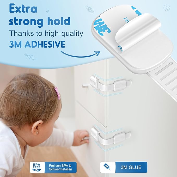 10 Pack Cabinet Locks Baby Proofing, SOGUDE Child Proof Cabinet Locks with 3M Adhesive Child Safety Locks for Refrigerator, Doors, Drawer Locks No Drilling, Cabinet Locks for Babies- White