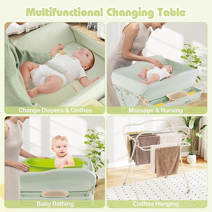 INFANS Baby Changing Table with Wheels, Portable Folding Diaper Station Nursery Organizer with Storage Basket, Hanging Rack, Adjustable Height, Safety Belt for Newborn Infant (Green)