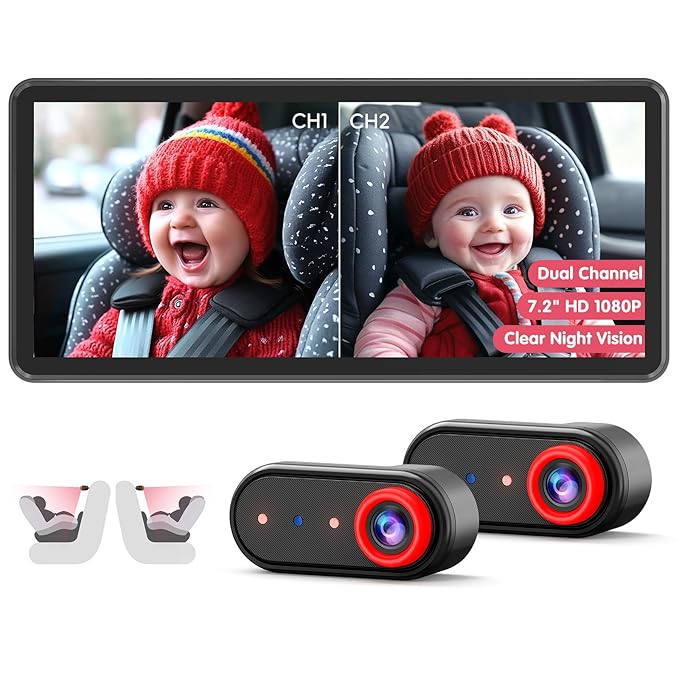 BM5PRO Double Car Camera for 2 Baby，7.2" 1080P Split Screen with IR Night Vision, Real-Time Monitoring Baby Car Camera,Easy Install, Family Travel Companion for Kids & Pets