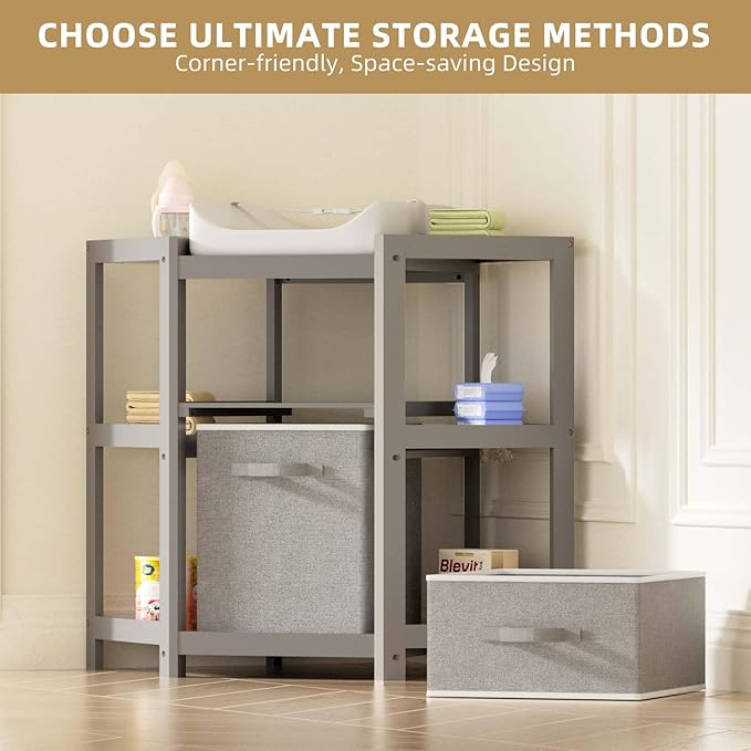 YUFU Baby Corner Changing Table with Storage Drawers, Portable Diaper Changing Station with Baby Changing Pad, Modern Wood Changing Table Dresser for Infants and Toddlers (Gray)