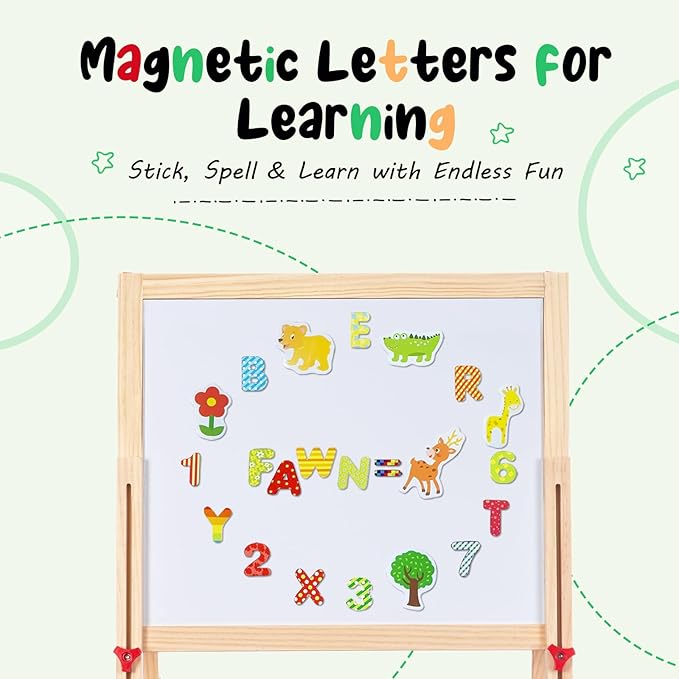 Foldable Kids Painting Easel Double Sided Chalkboard & Magnetic Whiteboard Wooden Art Easel Adjustable Height with Accessories Gift for Toddlers and Kids Ages 3-8