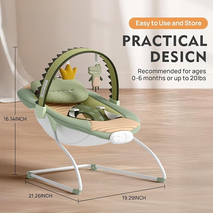 Baby Bouncer, Soothing Vibrations Infant Seat, Portable Baby Bouncer Seat with Music, for 0-6 Months 6-20 lbs(Green)
