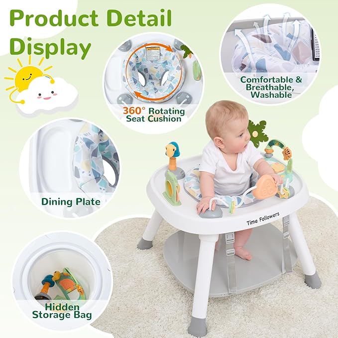 Time Followers® 6-in-1 Baby Activity Center | Jumpers and Bouncers | 4 Stage Grow Stationary Standing Toddler Play Table | Shower Gift | Infant Essential for Baby Ages 6-36Month (White)