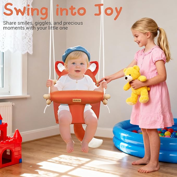Wooden Baby Swing with Soft Safety Belt, Cozy Infant Swing Seat for Indoor & Outdoor Use, Adjustable Height, Includes Mounting Hardware – Suitable for Babies & Toddlers（Fox-Themed in Red）