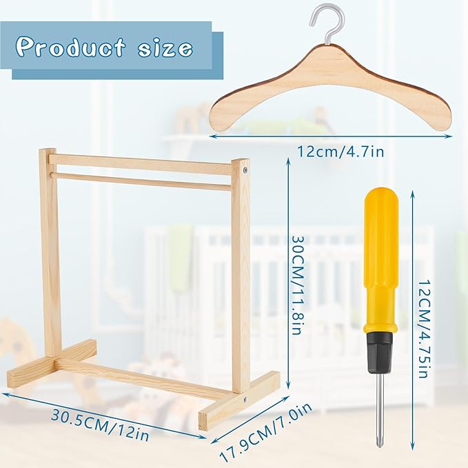 Civaner 22 Pcs Doll Garment Rack with Wooden Clothes Hanger for 18 Inch Girl Doll Clothes Mini Hangers Wardrobe Furniture Accessories for Dollhouse Baby Shower Supplies (Wood,White)