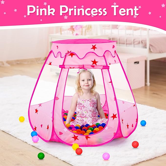 Baby Ball Pit for Toddler with 50 Balls, Kids Pop Up Play Tent for Girls, Princess Toys for Children Indoor & Outdoor Playhouse with Carry Bag
