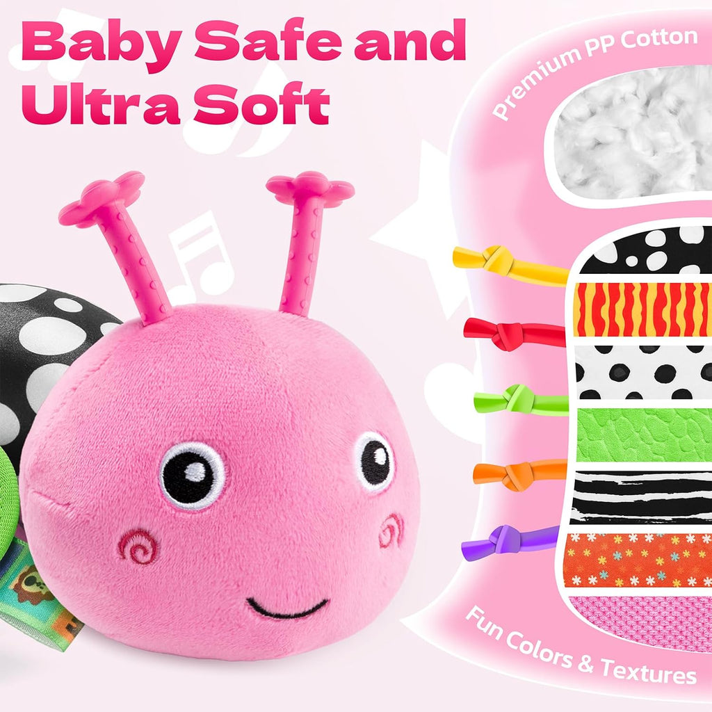 HEMRLY Baby Girl Toys for 0-6 Months, Musical Plush Caterpillar Infant Sensory Toy with Baby Mirror&Crinkle Rattle,Pull String,Teething, Tummy Time Newborn Gifts for 0-3-6-12 Boys Girls - Pink Branch