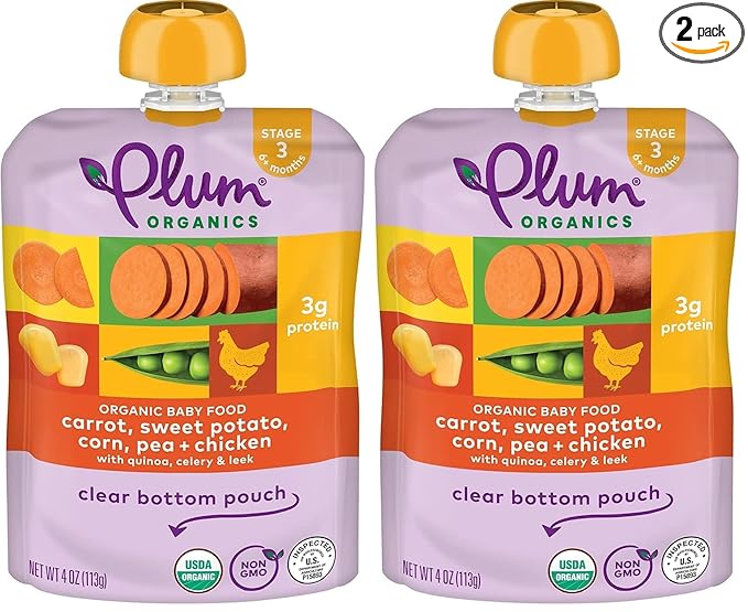 Plum Organics Stage 3 Organic Baby Food - Carrot, Sweet Potato, Corn, Pea, and Chicken - 4 oz Pouch - Organic Baby Food Pouch (Pack of 2)