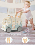 ROBOTIME Wooden Baby Walker, Baby Push Walker, Baby Activity Center Toys, Ajustable Speed Multi-Functional Baby Walker with Wheels for Boys and Girls(Vacation Bus)