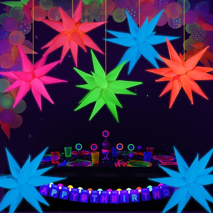 Mega-L Glow Glow in The Dark Party Supplies, 5 Pcs Neon Star Balloons Kit – Neon Foil Explosion & 12 pt Cone Balloons for Arches/Garlands. Perfect for Birthday, Wedding, Anniversary, Graduation Party