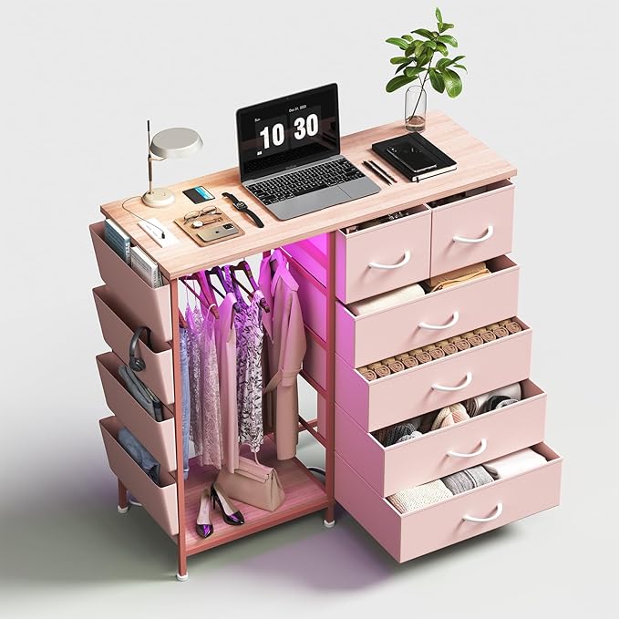 6 Drawer Dresser for Bedroom with Clothes Rack, Clothes Dresser with Side Pockets and Hooks, Charging Station & LED Lights, Wooden Top, Fabric Storage (Pink)