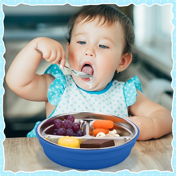 Nuogo 3 Pcs Stainless Steel Baby Suction Plates with Removable Silicone Shell 2-in-1 Metal Toddler Bowl Divided for Picky Eaters Kid Feeding Led Weaning Supply, Dishwasher Safe (Blue Series)