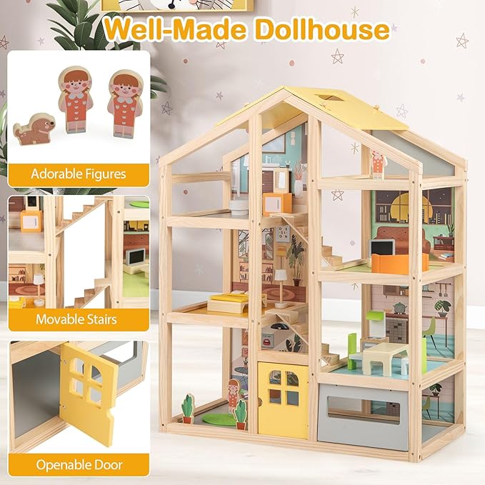 Costzon Wooden Dollhouse for Kids, Modern Family Pretend Playhouse w/Furniture Pieces & Figures, DIY Play House Toy w/Garage & Openable Door for Girls & Boys Ages 3+