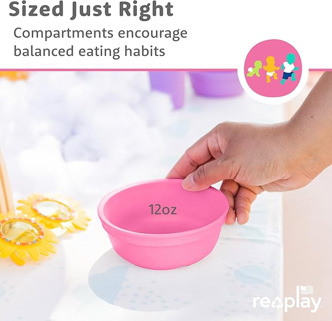 Re-Play 12 Oz. Toddler Bowls for Snack and Everyday Dining - Dishwasher and Microwave Safe - Made in USA - Set of 3-5.75" x 5.75" x 2" - Berry