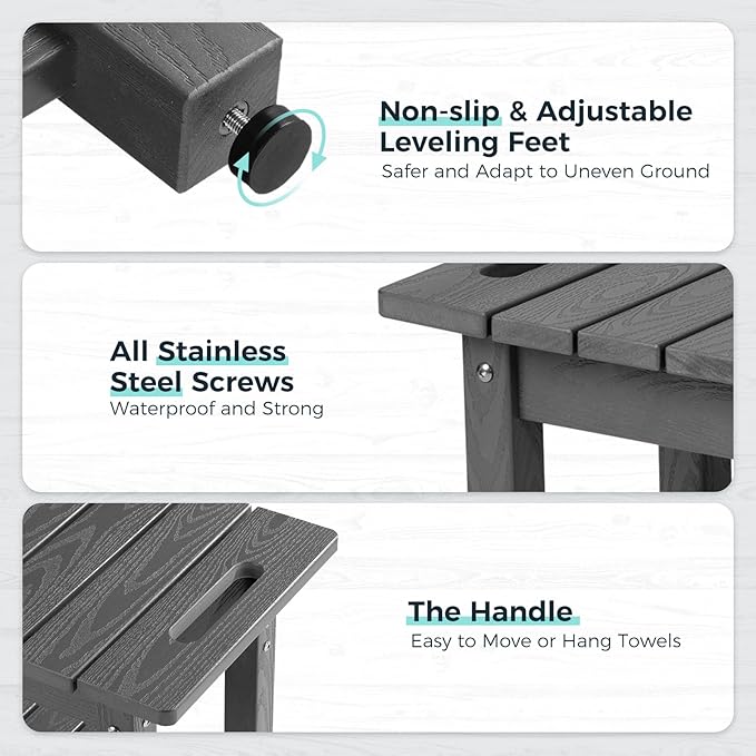 Waterproof Shower Bench, 24" Poly Lumber Shower Stool for Shaving Legs, Shower Chair Seat with Storage Shelf and Handles, Bathroom Bench for Inside Shower, Non-Slip (Grey)