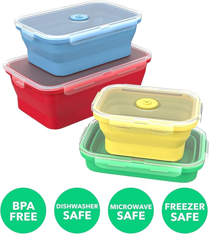Vremi Silicone Food Storage Containers with BPA Free Airtight Plastic Lids - Set of 4 Small and Large Collapsible Meal Prep Container for Kitchen Lunch Boxes - Microwave and Freezer Safe