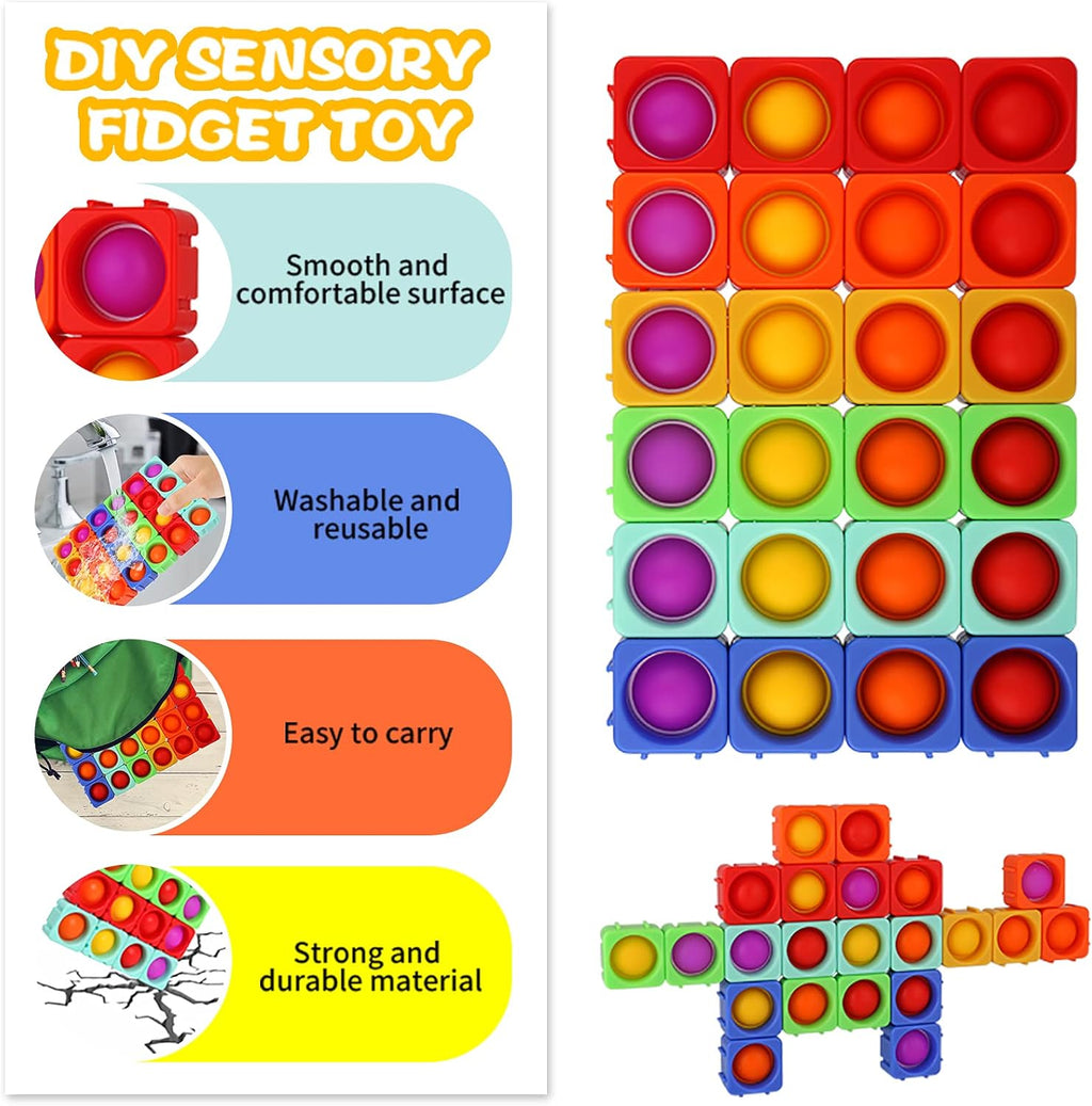 Pop Fidget Toys Bubble Sensory Toy Girl Boy 24Pcs Colorful Silicone Fidget Building Block Toy Set Autism Special Needs Stress Relief Kids Educational Dimple Fidget Packs Puzzle Toy Toddler Gift