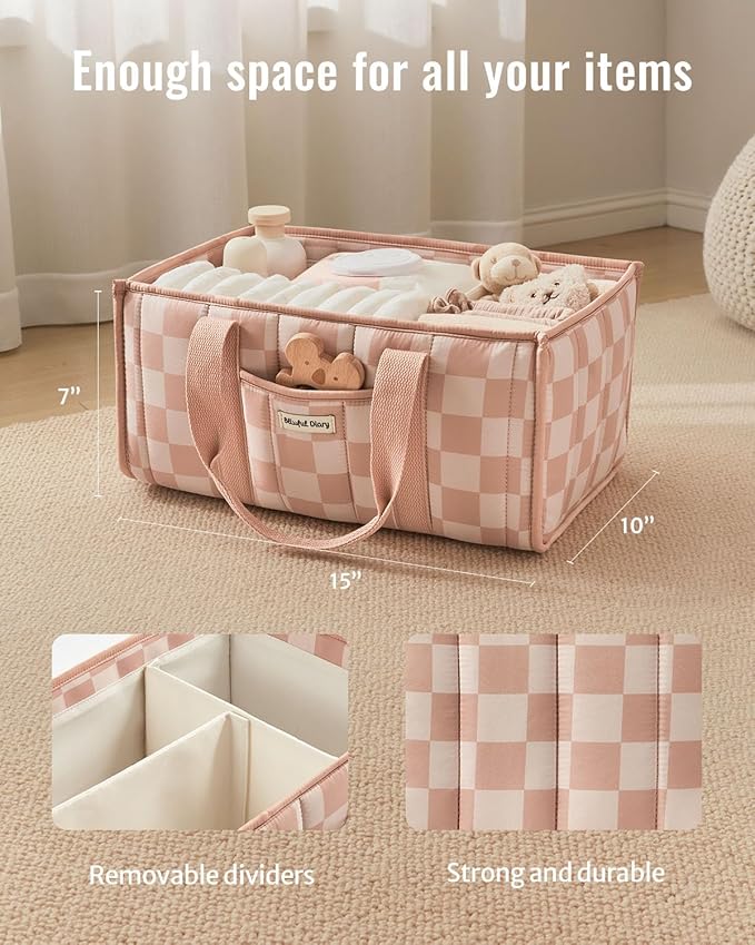 Blissful Diary Checkered Diaper Caddy Organizer, Stylish Nursery Storage Basket, Gift for Baby Shower, Newborn Essentials, Registry Search Must Haves, Pink