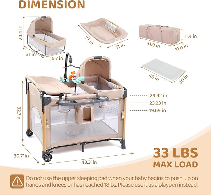 JOYMOR 7 in 1 Bedside Bassinet with Changing Table, All in One Nursery Center, Bedside Sleeper with Mattress, Sheet, Canopy, Storage Shelf (Beige)