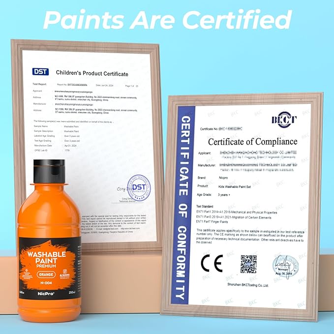 Nicpro Washable Paint for Kids, Kids Painting Set with 10 Paintbrushes, Palettes, Sponge, 6 Vibrant Colors 8.45oz, Non Toxic Washable Finger Paint for Toddlers Preschool Children Art Painting Supplies