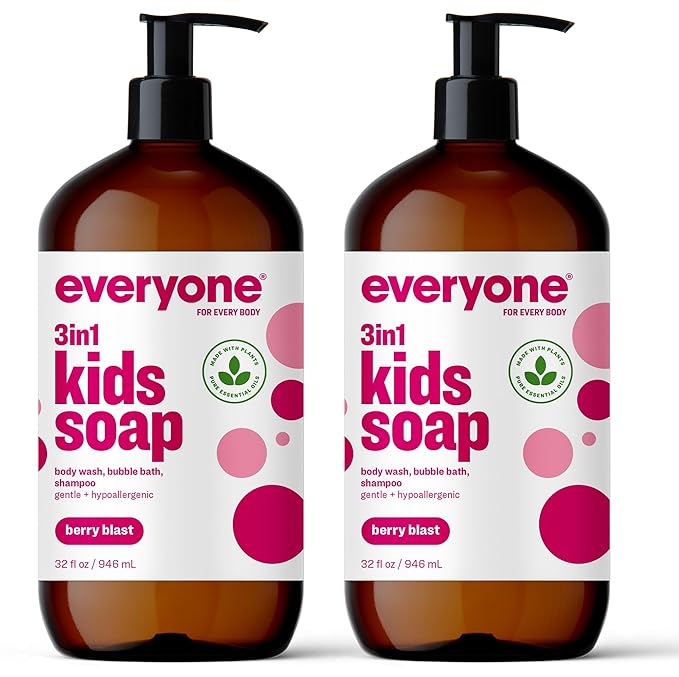 Everyone 3-in-1 Kids Soap, Body Wash, Bubble Bath, Shampoo, 32 Ounce (Pack of 2), Berry Blast, made with Essential Oils for Toddlers, tweens and teens