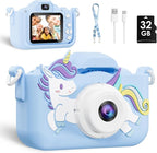 Kids Camera, Toys for Toddlers Age 3-8 Year Old Girl Christmas Birthday Gifts, Children Digital Camera with Cartoon Soft Silicone Cover and 32GB Card (Azure)