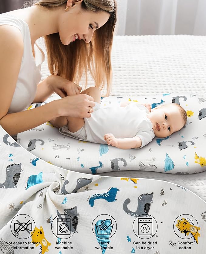 Muslin Baby Lounger Cover for Snuggle Me Organic Lounger/Baby Lounger/Organic Cotton Handmade Cover for Infant/Toddler Lounger/Nursing Pillow(White with Dinosaur, Wheat)