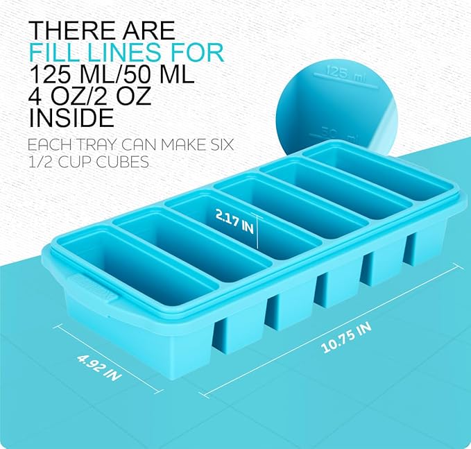 1/2 Cup Silicone Freezer Tray With Lid - Silicone Freezer Molds 2-Pack For meal prep & freezing of various sauces and other dishes, makes 12 perfect 1/2 cup portions cubes,oven and dishwasher safe