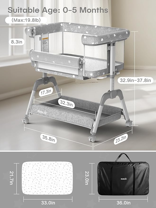 Bassinet Bedside Sleeper, Baby Crib with Mattress and Adjustable Height & Upgraded Wheels, All Mesh Portable Bassinet, Baby Bed for Newborn