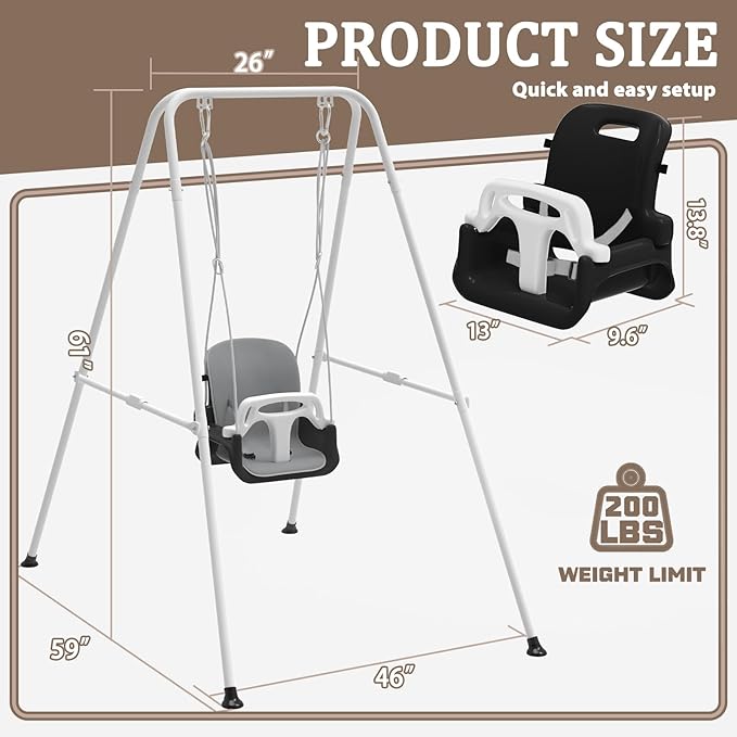 2 in 1 Toddler Swing & Baby Jumper, Foldable Baby Jumper with Soft Cushion, Foldable Indoor & Outdoor Use, Easy to Install & Store Swing Sets for Backyard Play (Black)