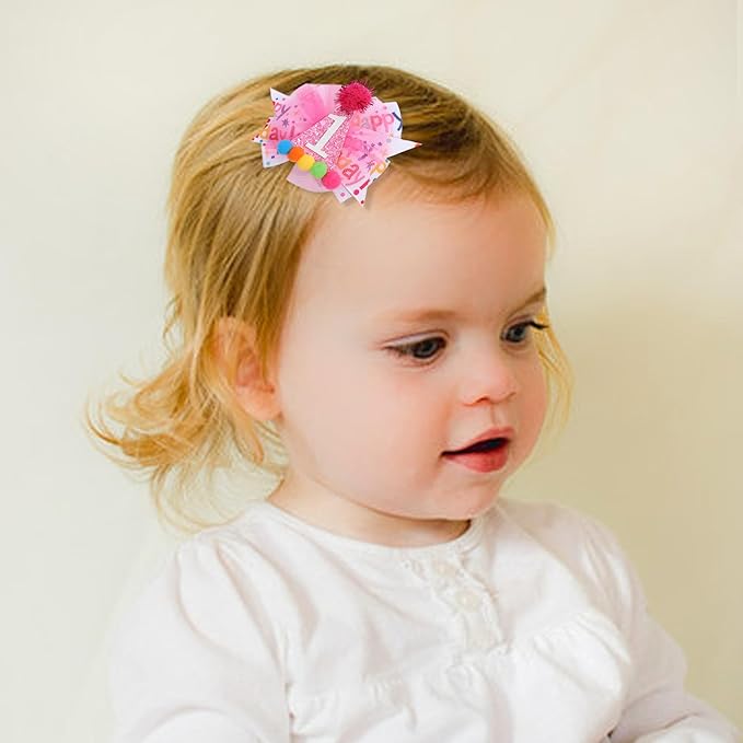 Hot Pink 1st Birthday Hair Bow - Happy Birthday ribbon Bows, Pink Birthday Hat Bows, 1st Birthday Hair Clips for Girls, First Birthday Girls Hair Accessories