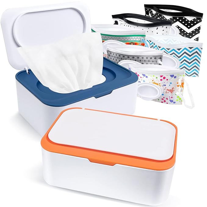 8Pcs Baby Wipes Dispenser, Reusable Baby Wipe Holder Box and Portable Wet Wipes Pouch, Refillable Wipes Pouch Case Container with Lid for Bathroom Baby Nursery Kitchen Office Travel (Blue+Orange)