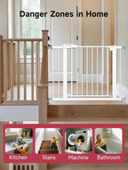 Baby Gate for Stairs, 29.5-40.5" Dog Gate for Doorways, Walk Thru Auto Close Metal Child Gate for The House, Stairs and Doorways, Pressure Mounted Pet Gate for Dog Indoor (White)