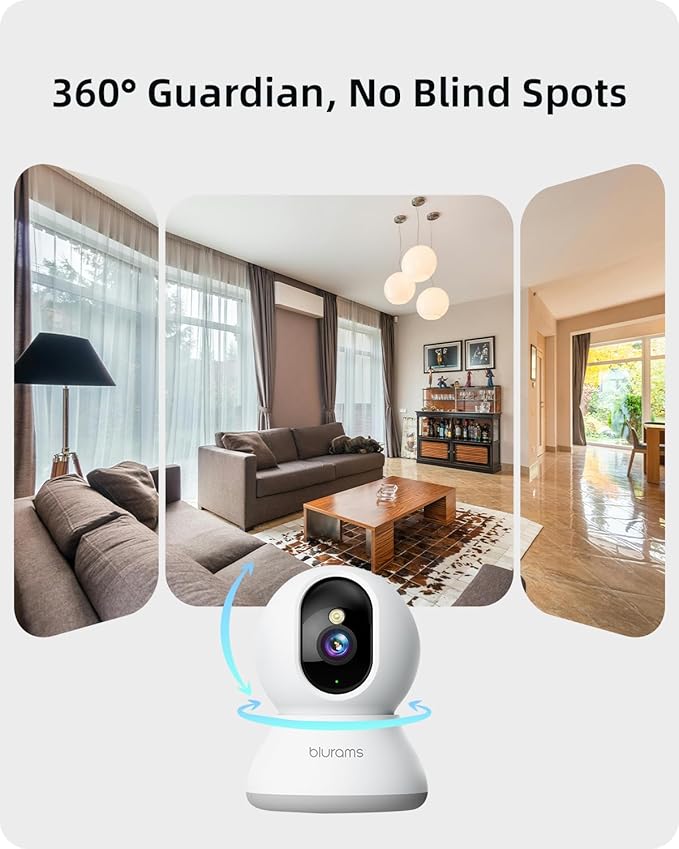 blurams Security Camera 2K, Baby Monitor Dog Camera 360-degree for Home Security w/Smart Motion Tracking, Phone App, IR Night Vision, Siren, Works with Alexa & Google Assistant & IFTTT, 2-Way Audio