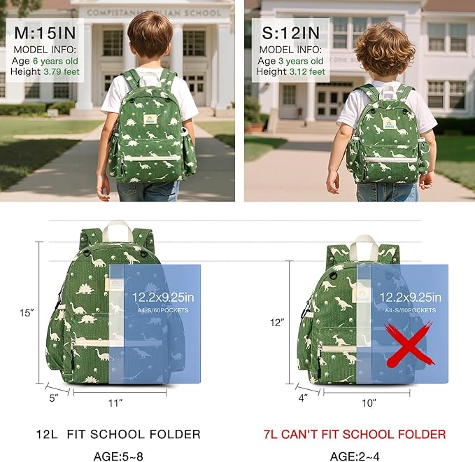 STEAMEDBUN Corduroy Kids Backpack for Girls and Boys 5-8: Boys Backpack for Elementary Kindergarten - 15 inch Cute Backpacks for Kids - Dinosaur