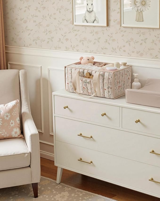 Blissful Diary Floral Diaper Caddy Organizer, Stylish Nursery Storage Basket, Gift for Baby Shower, Newborn Essentials, Floral Beige