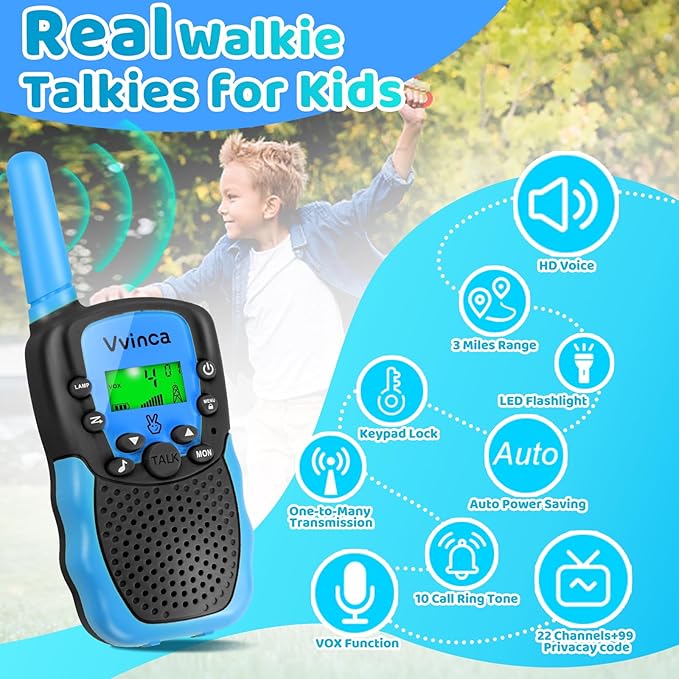 Vvinca Walkie Talkies for Kids Rechargeable 3 Pack, Toys for Boys Girls Age 3-13 Ourdoor Camping Birthday Gift, 3KM Long Range Walkie-Talkie 2 Way Radios 22 CH VOX with Li-ion Battery Flashlight