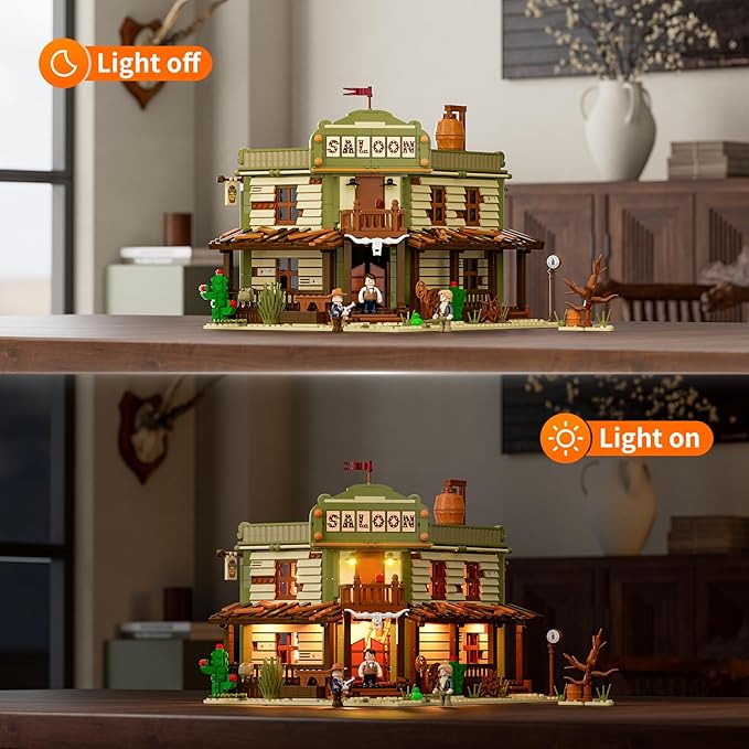 FUNWHOLE Western-Saloon Lighting Building-Bricks Set - The Old West Saloon LED Light Construction Building Model Set 2026 Pcs for Adults and Teen