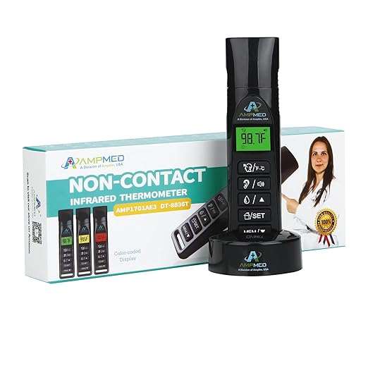 Amplim Baby Thermometer | 3-in-1 Accurate Infrared Thermometer for Ear, Forehead & Touchless, Fever Thermometer for Baby, Infants, Toddlers, Kids & Adults | Base Stand & Clock (Black)