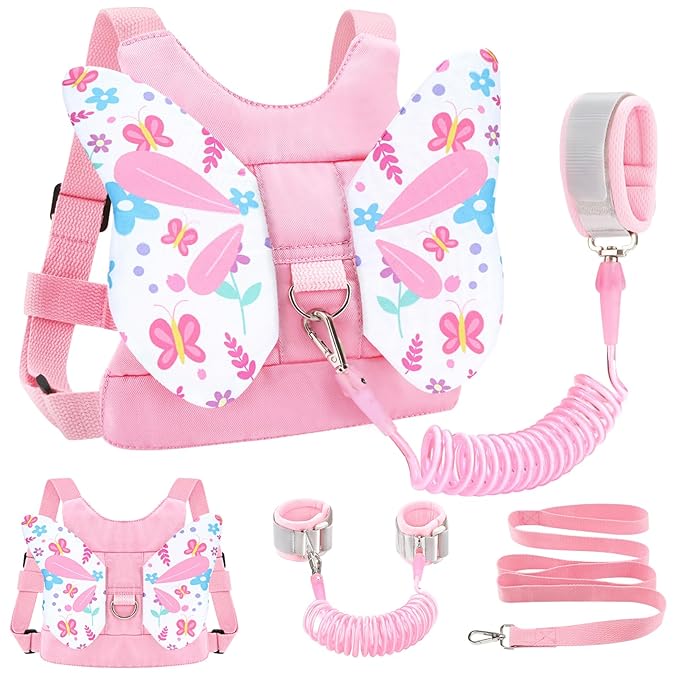 Accmor Toddler Harness Leash, 3 in 1 Cute Butterfly Kids Leash + Anti Lost Wrist Link for Outdoor Travel, Adorable Child Walking Harness Wristband Assistant Strap Belt Protector for Baby Girls (Pink)