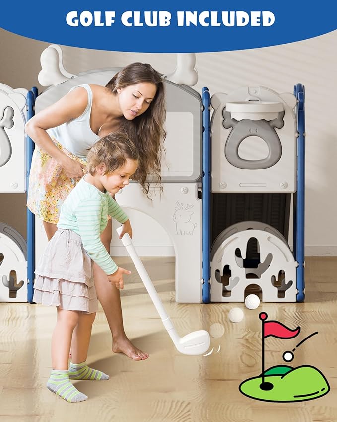 XJD 13 in 1 Toddler Slide Set, Kids Slide for Toddlers Age 1+, New Upgrade with Golf Set, Basketball Hoop, Drawing Board for Indoor Outdoor Playset,Toddler Playground (Blue Gley)